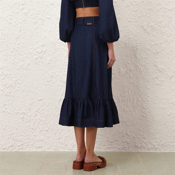 Zimmermann Aster Denim Frill Midi Nederdel, Ink